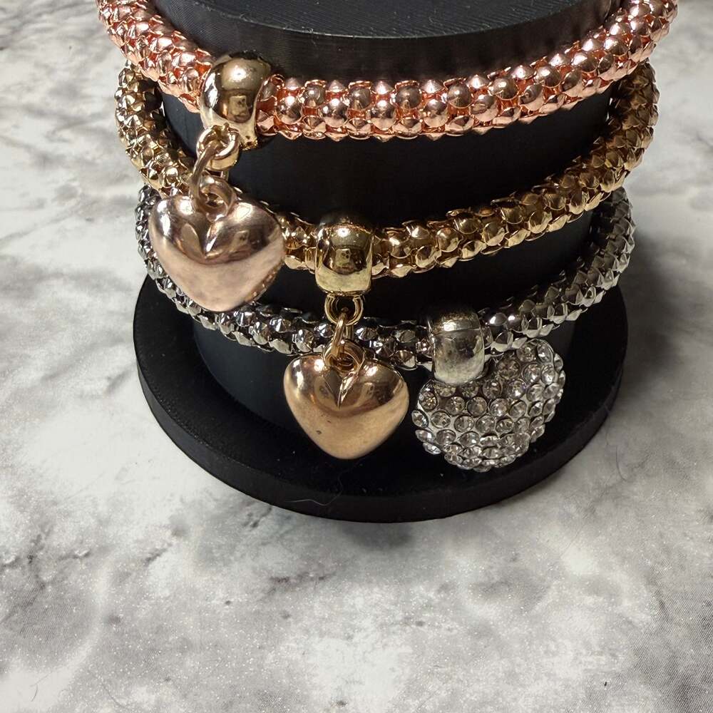 Crystal Tri-Color Heart Charm 6mm Popcorn Chain Stretch Bracelets Set of 3